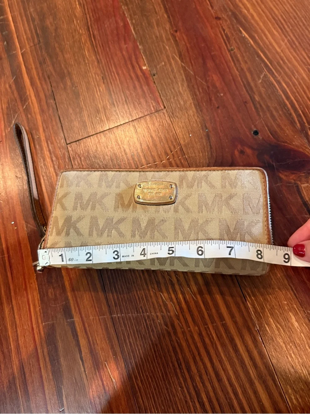 Michael Kors Tan Beige MK Logo Wristlet Wallet with Gold Plate